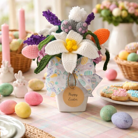 Handmade Other - Easter Centerpiece Bouquet In Plastic Vase with handmade Crochet Flowers with Bu